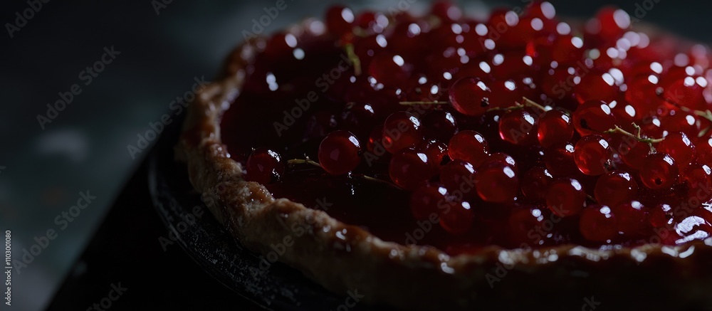 Poster delicious currant pie with a glossy red currant topping showcasing a tempting dessert on a rustic da