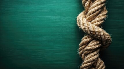 Fototapeta premium Natural rope against a vibrant green textured background highlighting texture and depth for creative projects and designs.
