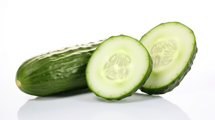 Fresh cucumber whole and sliced in half showcasing its vibrant green skin and juicy interior on a white background isolated for culinary use