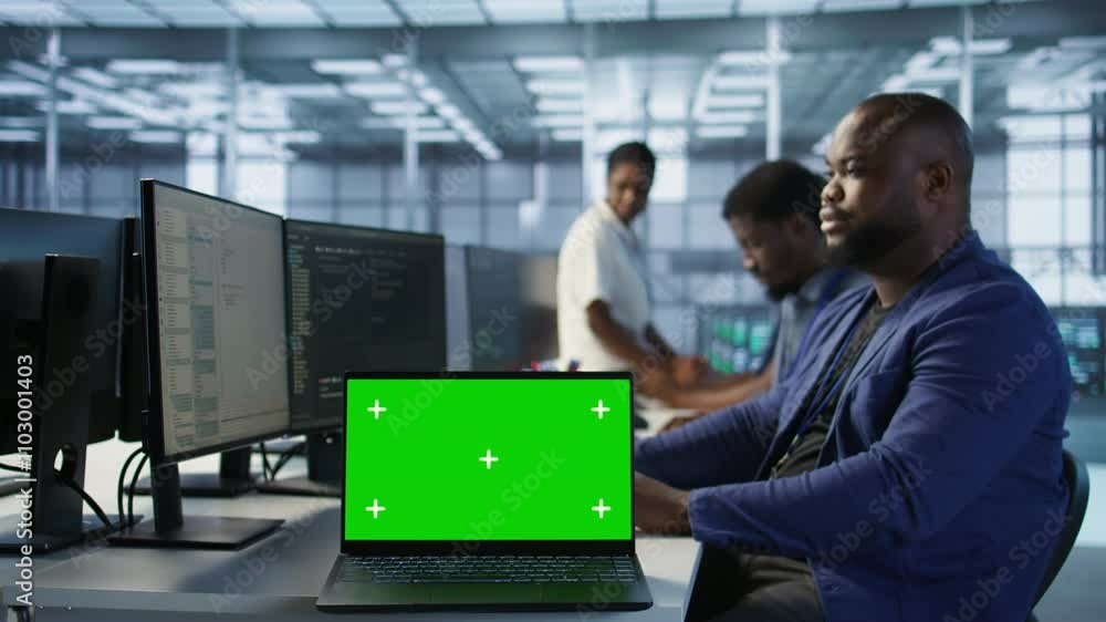 Poster employees using green screen laptop, working in server farm to optimize it for data processing requi