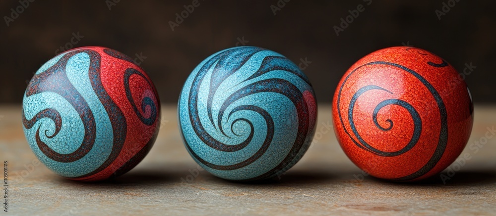 Poster Three decorative balls in red and blue with unique swirling patterns arranged in a linear sequence on a textured surface