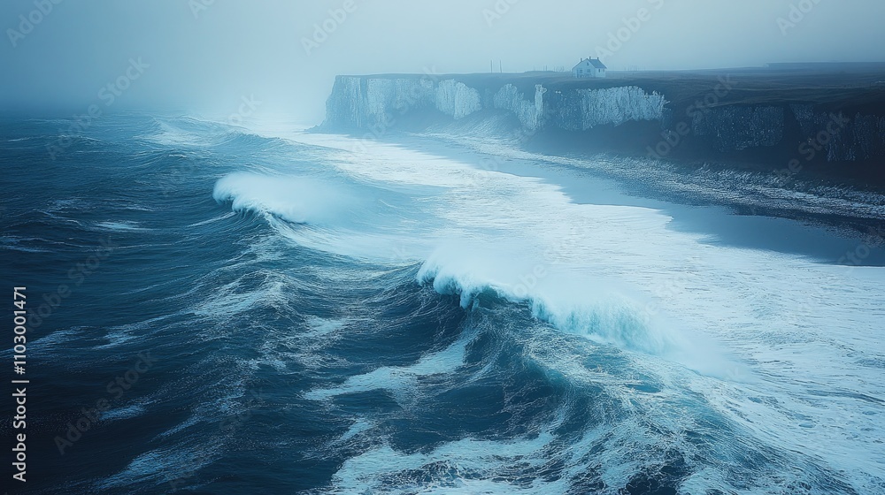 Poster mysterious fog enveloping ocean waves with dramatic cliffs in the background creating a serene and a