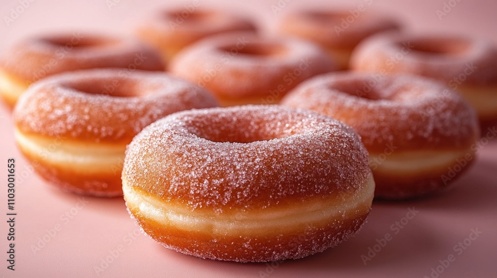 Poster freshly glazed donuts arranged on a soft pink background creating a visually appealing dessert displ