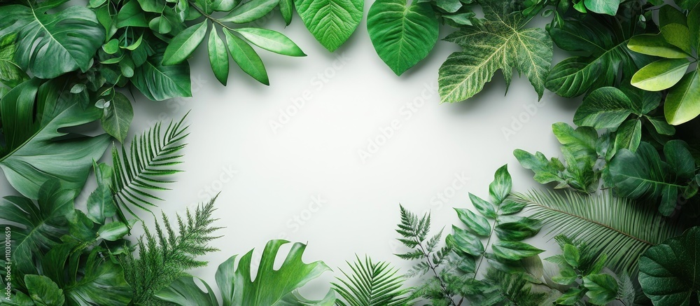 Poster greenery frame design with lush plant leaves and branches surrounding blank space for text on a ligh