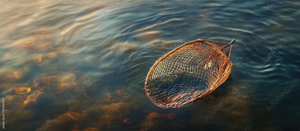 Poster fisherman's net floating on calm water reflecting golden light in a tranquil natural setting