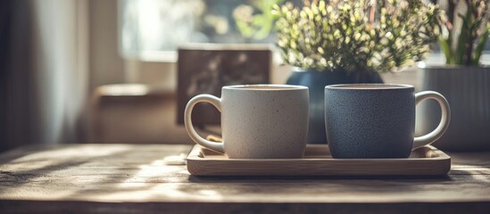 Obraz premium Cozy scene with two decorative mugs on a wooden tray surrounded by plants and soft lighting creating a warm atmosphere for relaxing moments