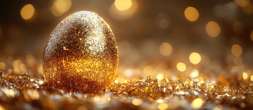 Golden Easter egg surrounded by shimmering golden background, symbolizing celebration and luxury during the Easter holiday season.