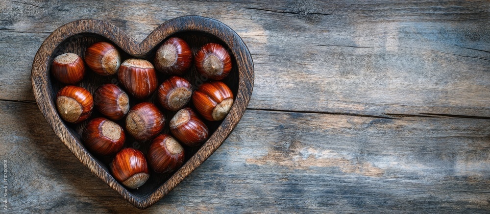 Poster chestnuts in heart shaped wooden tray on rustic wood background with empty space for text or design 