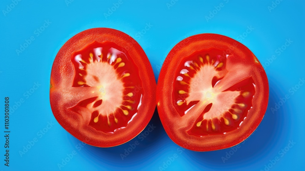 Poster close up of two halves of a fresh tomato on a vibrant blue background showcasing rich colors and tex