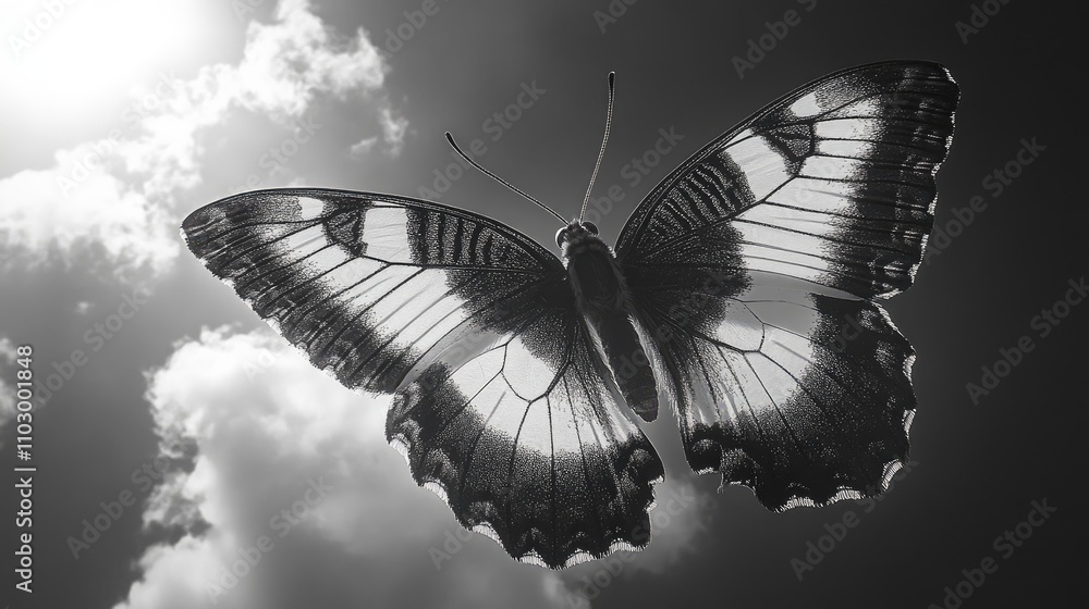 Poster monochrome view of a butterfly or moth from below showcasing intricate wing patterns and the play of