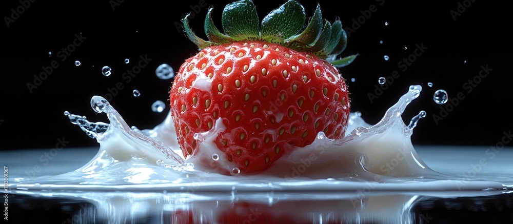 Poster fresh strawberry splashing in milk against black background capturing macro details and dynamic move