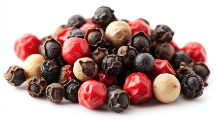 Colorful mix of red black and white peppercorns arranged on a clean white background showcasing spices and culinary ingredients