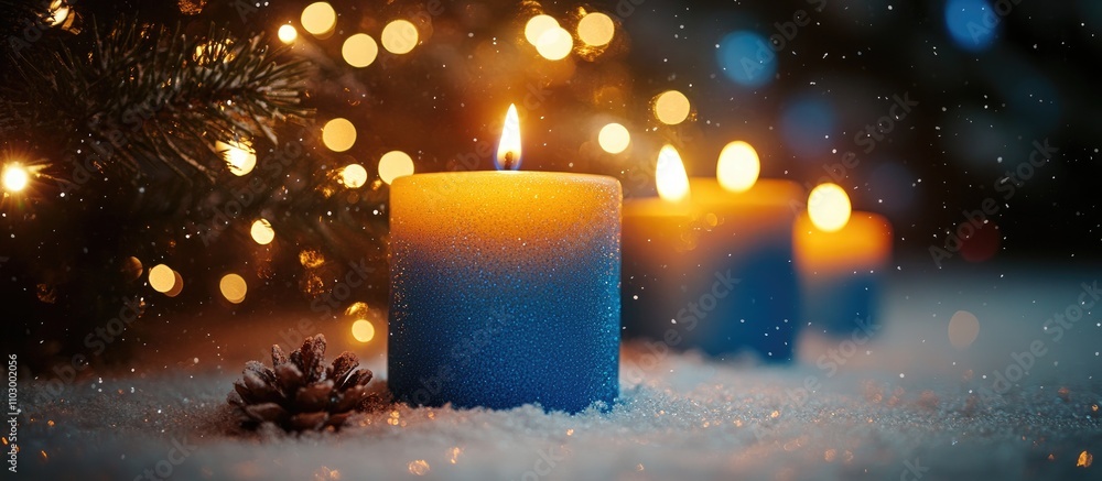 Poster lit white and blue candles in a snowy setting with festive bokeh lights and a tree create a warm hol