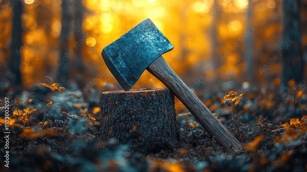 Poster axe resting on a tree stump surrounded by autumn foliage in a serene forest settingå¼ºè°ƒè‡ªç„¶å’œå›