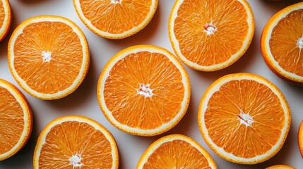 Freshly cut orange halves arranged neatly on a white background showcasing vibrant colors and textures for culinary or health-related projects.