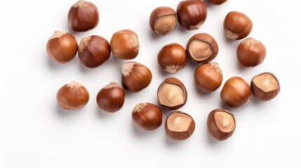Obraz premium Hazelnuts arranged on a white background showcasing texture and detail for culinary or health-related design projects