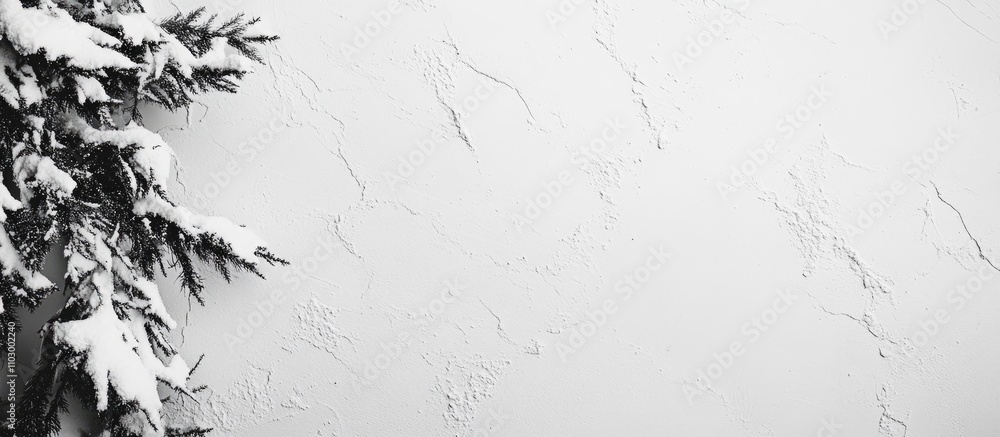 Aufkleber snowy winter background with textured white wall and frost-covered evergreen branches creating a ser