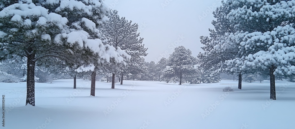 Poster winter landscape with snow-covered pine trees creating a serene and tranquil scene in a beautiful sn