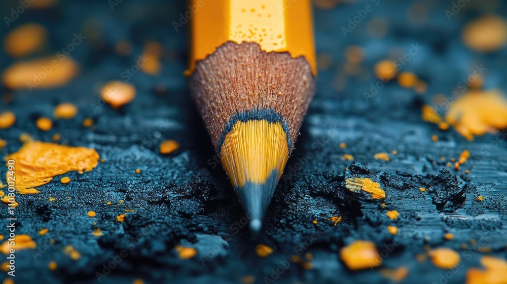 Poster close-up of sharpened pencil tip with vibrant shavings and textured background showcasing artistic t