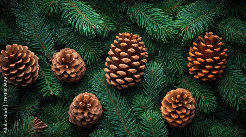 Poster evergreen needles and pinecones arranged in a natural christmas pattern creating a festive backdrop 