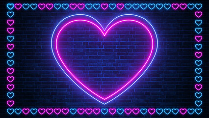 heart frame neon lights on brick wall valentines day love and romantic background,pink and blue hearts copy space celebration and sale design element