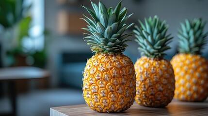 Fresh and vibrant pineapples arranged on a wooden surface with a soft background highlighting their tropical appeal