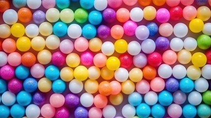 Obraz premium Multicolored Styrofoam balls texture for decor Rainbow baubles vibrant backdrop creative party decoration colorful round spheres