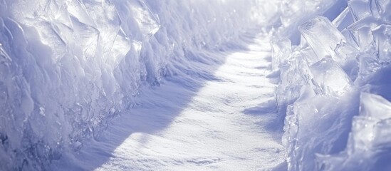 Fototapeta premium Clear ice crystals shimmering on a snow path illuminated by natural light showcasing winter's serene beauty and intricate textures