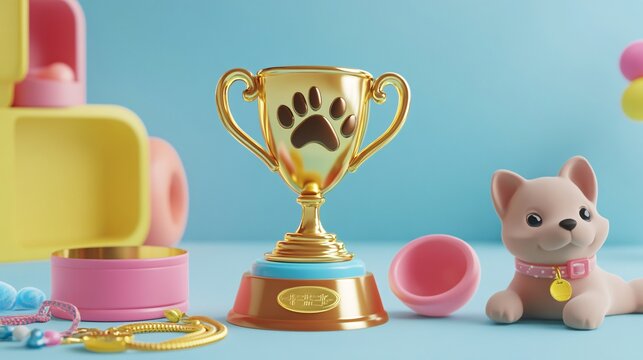 44.A 3D pet award set featuring a golden trophy cup with a paw design, along with a golden medal and collar. The scene is completed with realistic pet accessories like a food bowl and toys, all