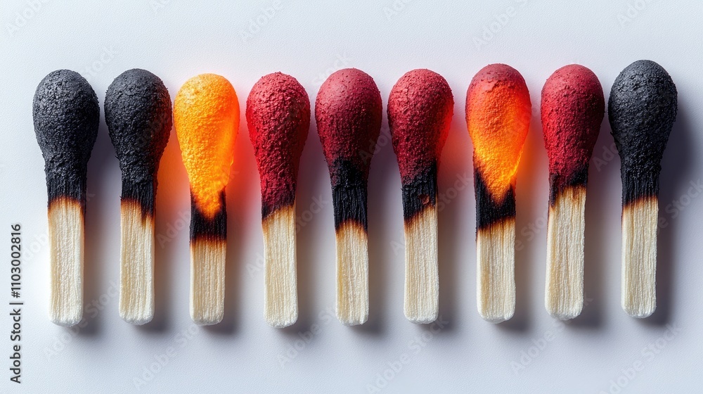 Poster phases of burning matches displayed against white background capturing color and texture variations 