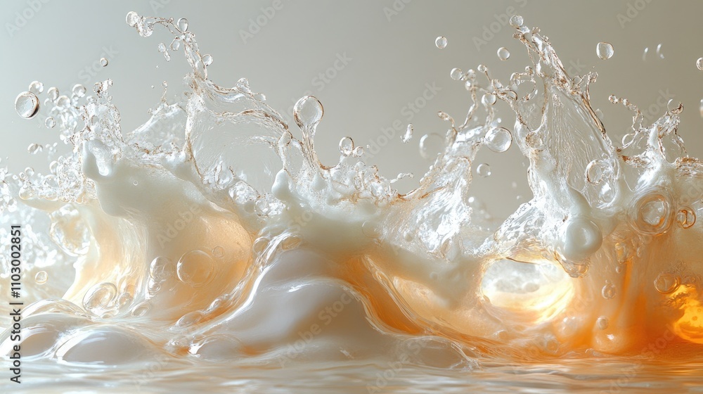 Poster dynamic water splash with bubbles on a clean white background illustrating movement and fluidity in 