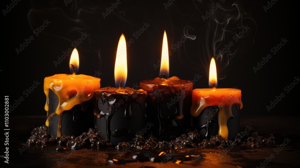 Poster three illuminated candles on a dark background with melted wax create a serene ambiance perfect for 