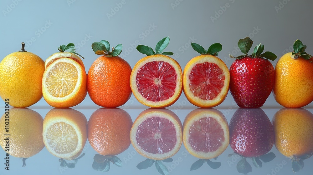 Poster vibrant display of fresh citrus fruits and strawberries arranged neatly with reflection on a clean w