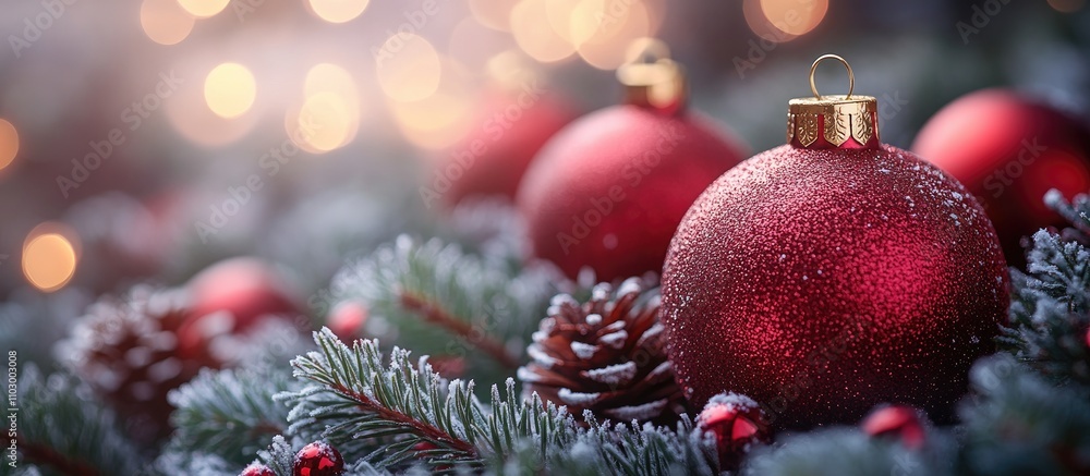 Poster christmas ornaments and pine cones on frosted greenery with soft bokeh lights creating a festive hol