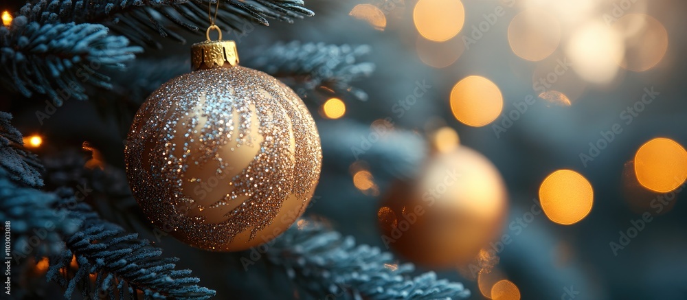 Aufkleber golden christmas ornament on tree branch with blurred warm bokeh lights in background creating a fes