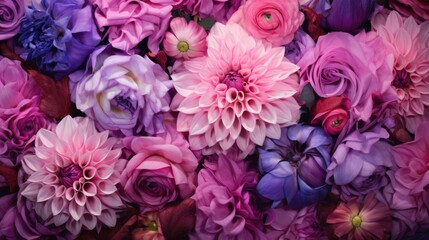 Vibrant arrangement of pink and purple flowers showcasing a variety of blooms in a stunning floral display.