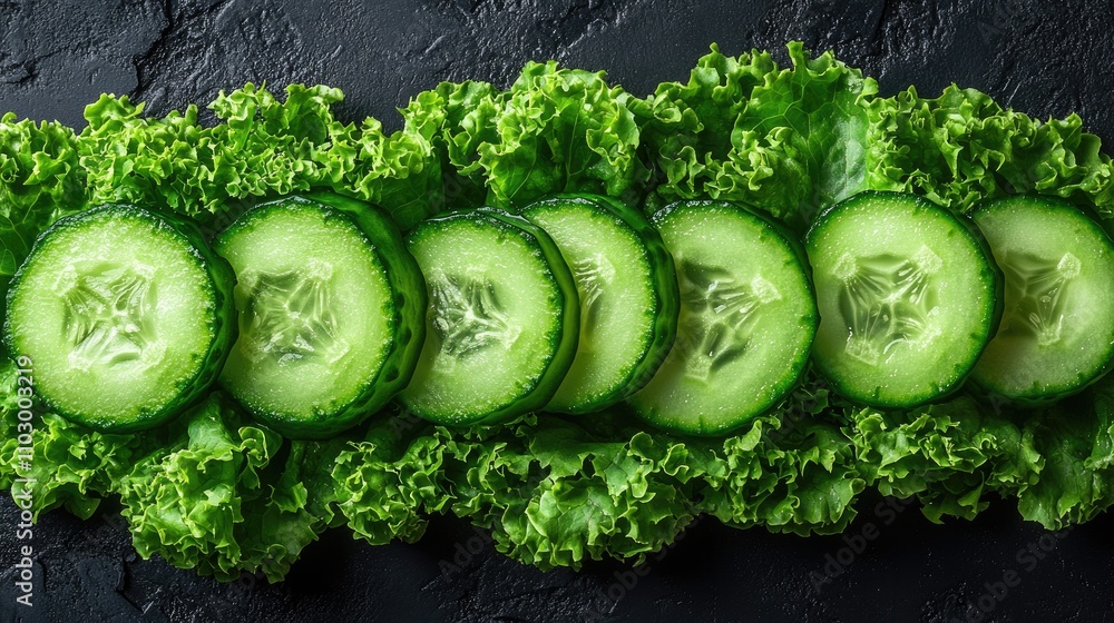 Aufkleber sliced cucumbers arranged over fresh green lettuce on a dark textured surface creating a vibrant and