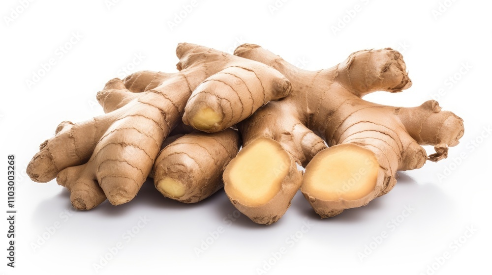 Poster fresh ginger roots displayed on a clean white background showcasing texture and color perfect for cu