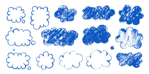 Set of hand drawn  blue clouds, sky. Scribble chalk, crayon childish style.