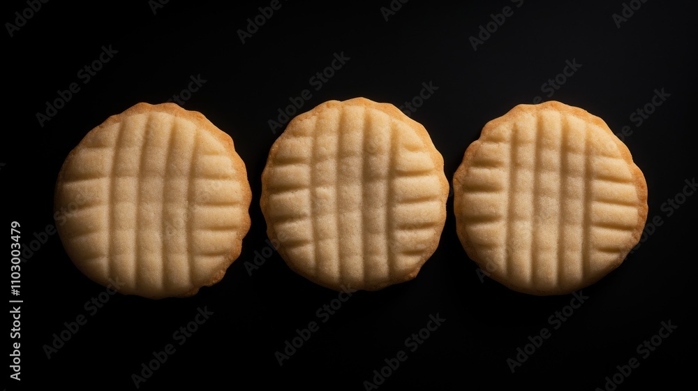 Aufkleber three round shortbread cookies arranged in a line against a dark background featuring an overhead vi