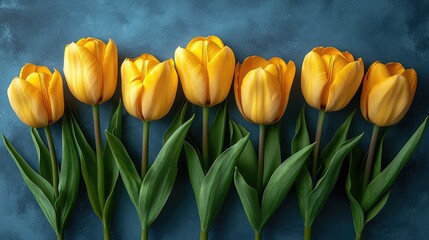 Obraz premium Freshly bloomed yellow tulips arranged in a row against a textured blue background showcasing vibrant colors and natural beauty.