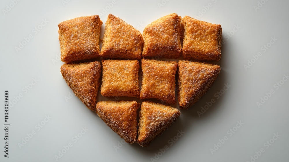 Poster Heart shape created with rusks on a white background ideal for showcasing love themes or culinary advertisements with text space.