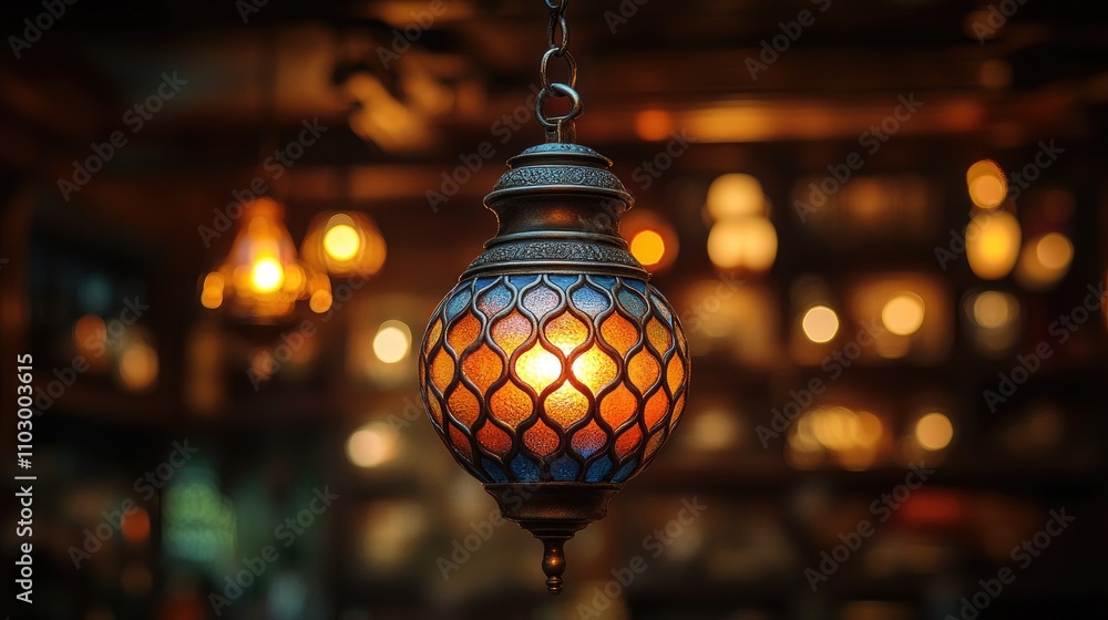 Poster elegant vintage pendant lamp with intricate design illuminating a cozy space with warm bokeh backgro