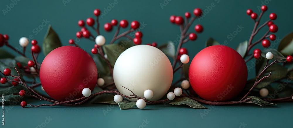Poster three festive toy balls in red and white adorned with tree branches set on a green background ideal 