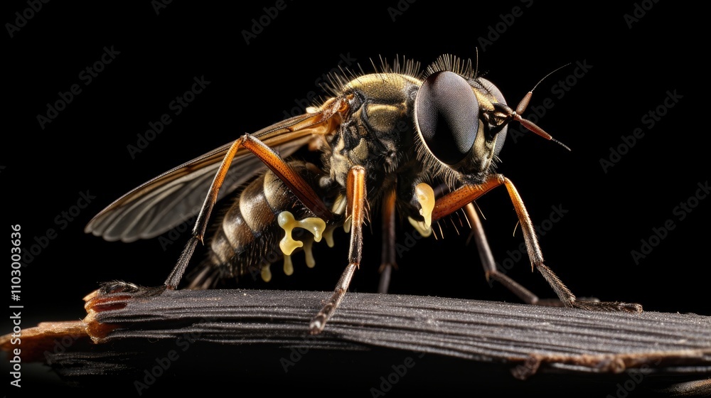 Poster frontal view of robber fly showcasing its captured prey on a dark background highlighting intricate 