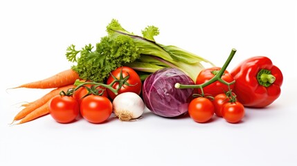 Colorful assortment of fresh raw vegetables arranged for a healthy salad presentation on a clean white background