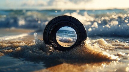 Ocean waves through a camera lens on sandy beach capturing serene coastal landscape on a sunny day with gentle surf and bright sky