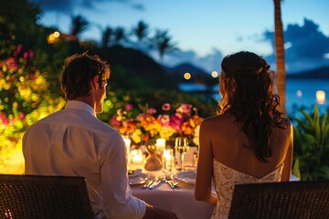 A couple savors a romantic candlelit dinner at an elegantly decorated table featuring delicate linens, fine china, and flickering candles surrounded by fresh flowers.