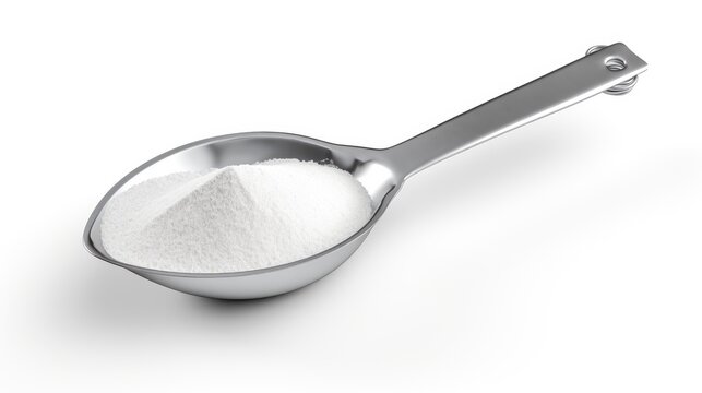 Metal flour scoop with a mound of flour on a clean white background perfect for kitchen and cooking related themes and culinary presentations