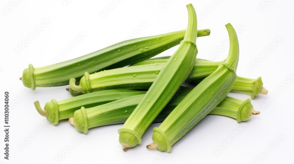 Poster fresh raw okra arranged on a white background ideal for culinary or health-themed design projects wi